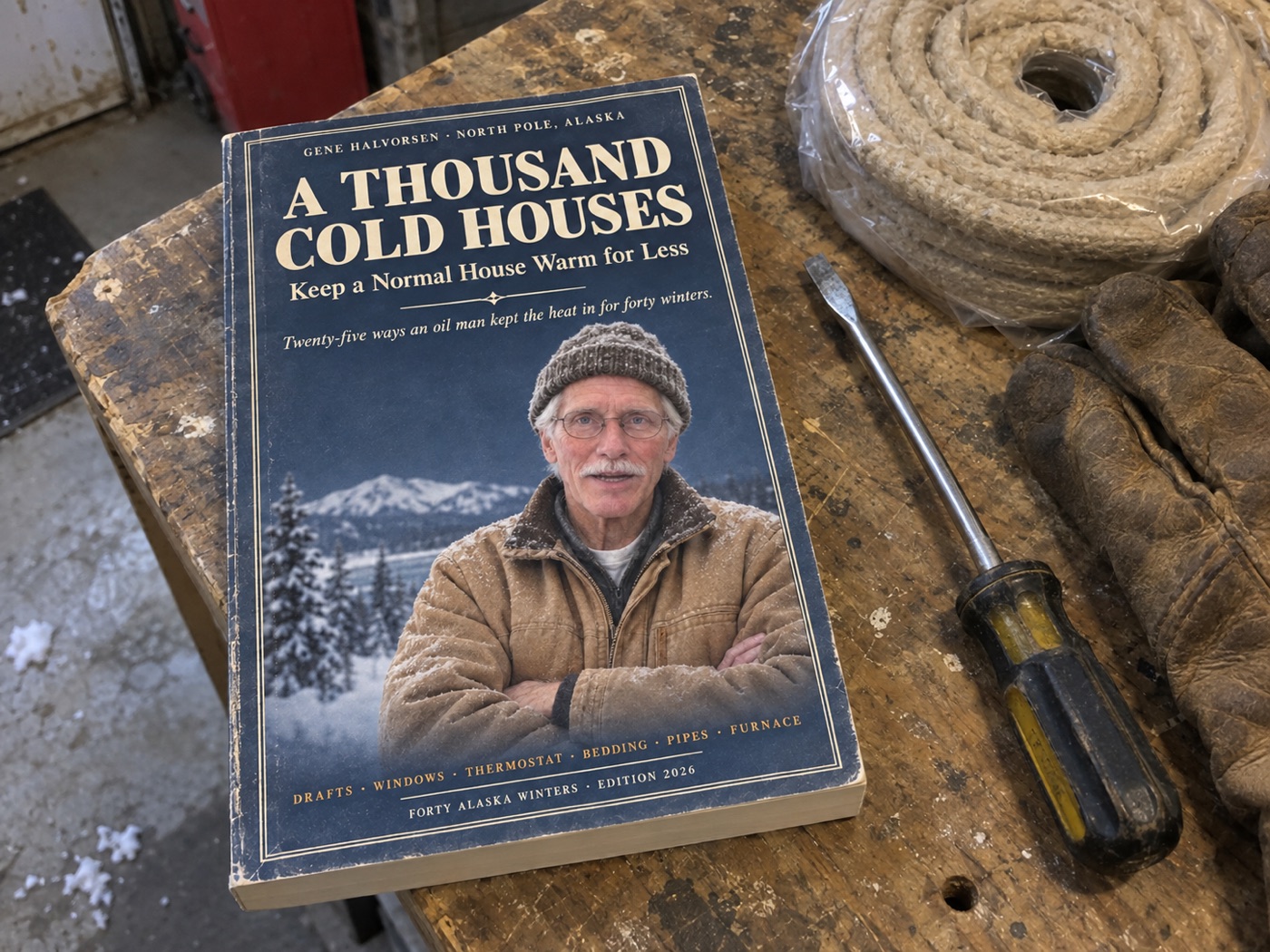 The paperback of A Thousand Cold Houses on a workbench beside a coil of rope caulk, a screwdriver, and a pair of leather gloves.