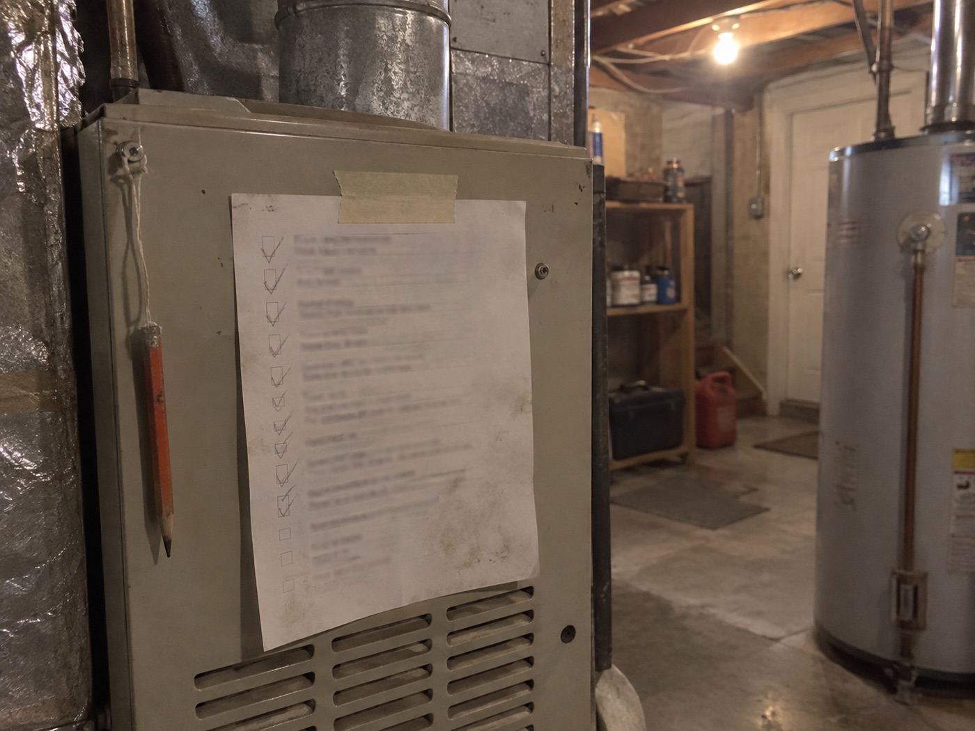 A checklist with pencil ticks taped to the front of a basement furnace, a water heater beside it.